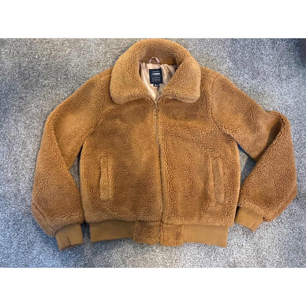 CISONO Teddy Bomber Jacket Womens Large Tan Excellent Faux Shearling Zip Up